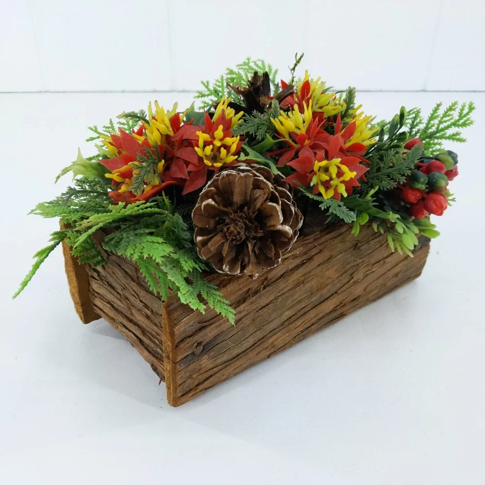vtg‎ Rustic Wooden Log Box Plastic Floral Poinsettia Pinecone Centerpiece Xmas